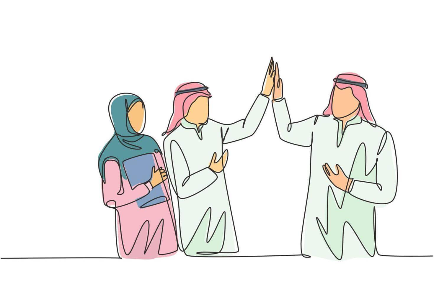 one single line drawing of young muslim employees giving high five gesture to friends saudi arabian businessmen with shmag kandora headscarf thobe continuous line draw design illustrat