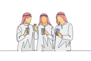 one single line drawing of young muslimah girls walking together with friends holding a paper cups of coffee arab middle east female cloth hijab and veil continuous line draw design il